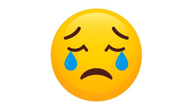 Bright yellow sad emoji face with drooping eyes and eyebrows. Two blue tears are streaming
