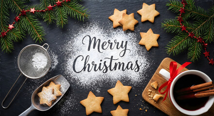 Merry christmas text with cookies and festive decor