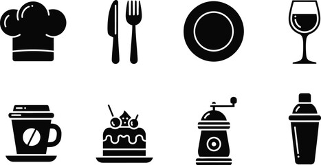 Culinary icons set black and white food and drink