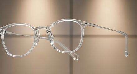 Clear framed eyeglasses with metal temples levitate against a soft gradient.