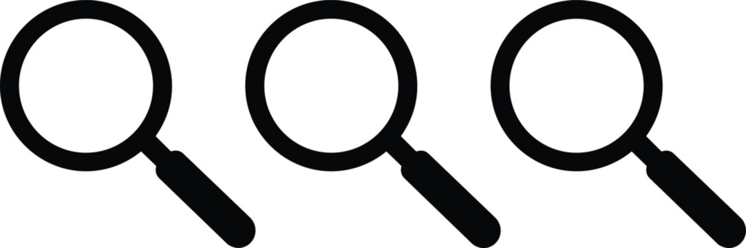 Magnifying glass icons, search symbol, black vector, minimal design, investigation, explore, interface, UI, tool, zoom, analysis, discovery, find, digital, app, web, icon set, clean, stylized, graphic