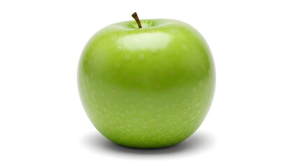 A single, ripe green apple casting a subtle shadow against a pure white background, highlighting its smooth skin and natural beauty