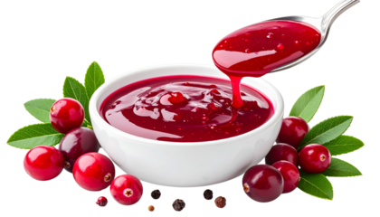 Cherry and red currant jam in glass jar, isolated sweet fruit dessert isolated on white background