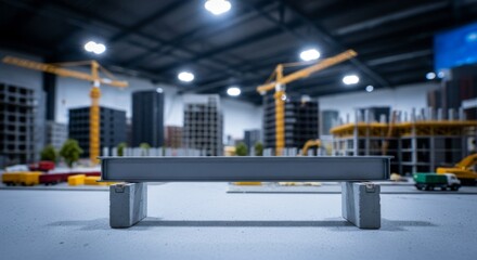 A detailed view of a construction model with cranes and buildings in the background.