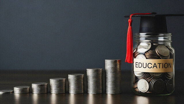 Saving for Education: Graduation Cap on a Money Jar Filled with Coins Beside Increasing Stacks of Funds
