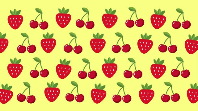 Cute summer fruit motion graphics background with strawberries and cherries vector illustration