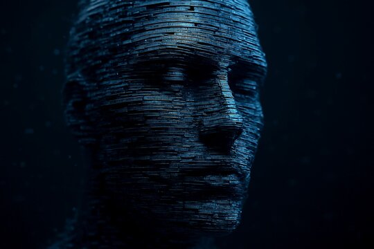 Futuristic 3D human face sculpted from layered digital code bars and pixel fragments, depth and shadow between layers, neon blue minimal highlights, calm cinematic background, high-end AI big data vis