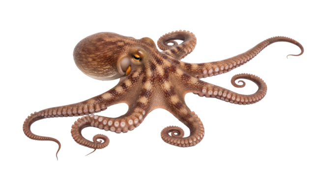Brown octopus PNG isolated on transparent background, marine animal with tentacles and suction cups for seafood and ocean life concepts