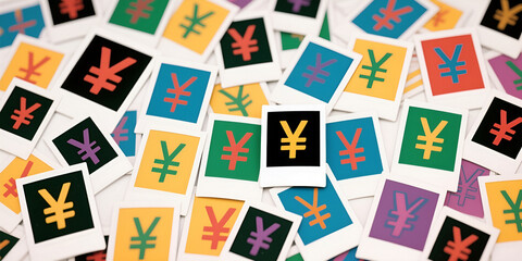 Sfondo con istantanee raffiguranti il simbolo della moneta Cinese Yuan