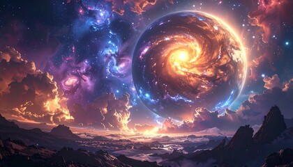 Celestial sphere swirls with light against a cloudy backdrop above distant mountains in a dreamy, vivid vista