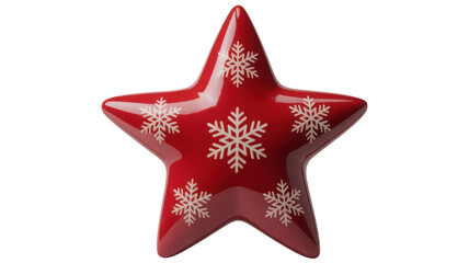 A single festive red star ornament decorated with white snowflake patterns isolated on transparent background