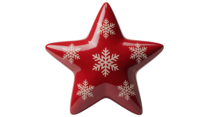 A single festive red star ornament decorated with white snowflake patterns isolated on transparent background