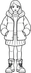 Fashion girl wearing a puffer jacket and boots in a stylish winter line art design