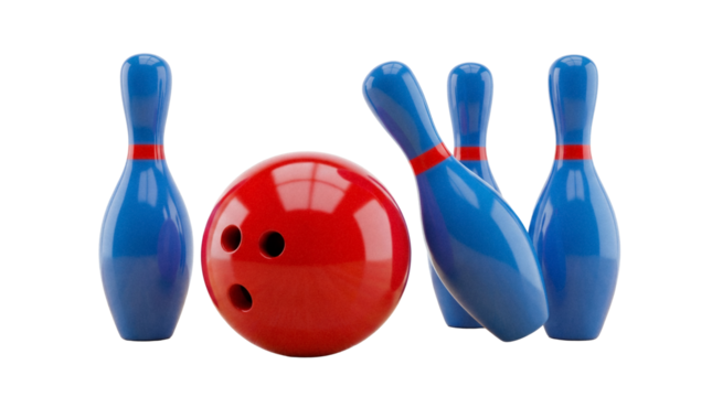 Bowling ball and pins PNG isolated on transparent background, red ball and blue pins for sports and recreation concepts