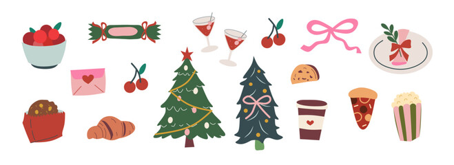 Whimsical Christmas doodle symbol festive and holiday icon. Green, red, pink elements illustrations for sale, promotion, branding, labels, posters, cards, invitation, greeting card, social media.