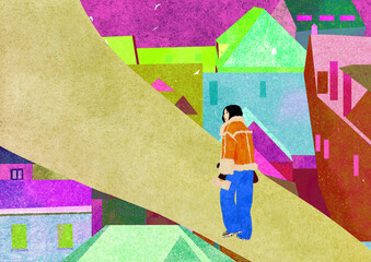 Ilustracja młoda kobieta idzie przed siebie miejskie tło, budynki, dachy, domy.