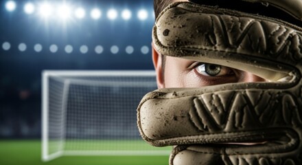 Close-up of a soccer goalkeeper's eye peering through the fingers of a glove, focused on the goal.