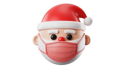 Cute cartoon 3d render of santa claus head wearing a protective face mask isolated on transparent background
