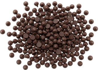 Hundreds of dark brown chocolate chips, teardrop and round, glossy texture, varied sizes, scattered on a pristine bright white background with ample copy space, concept for baking ingredient display