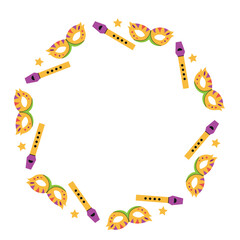 Mardigrass wreaths boarder round frames of mask and tin whistle