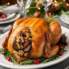 A delicious roasted poultry dish is presented as a centerpiece for a festive meal.