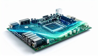 Advanced circuit board showcasing modern technology with dynamic electrical patterns