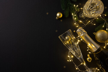 A festive scene shows a champagne bottle and crystal glasses among warm string lights, gold...