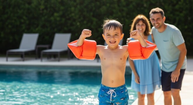 A young boy with arm floaties flexes his muscles with his parents smiling behind him at a pool.