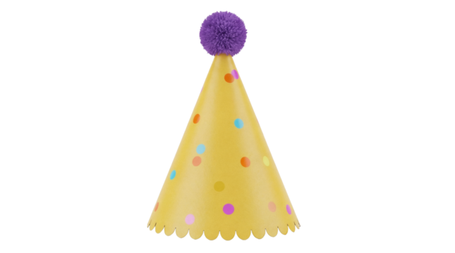 Yellow party hat with purple pompom isolated PNG, festive cone-shaped headwear with colorful polka dots for birthday celebration - Powered by Adobe