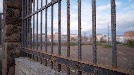 Fototapeta premium Close-Up Low Angle View of a Corroded Metal Gate with Rusty Details and Urban Background