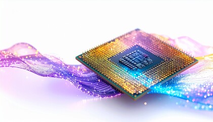 Colorful microprocessor with electronic patterns showcased on a bright background