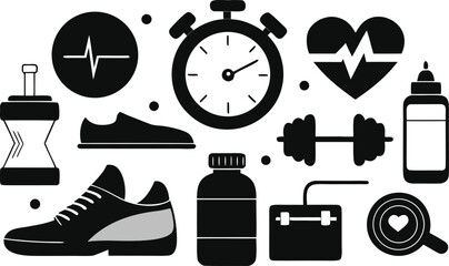 Comprehensive fitness and wellness icon set featuring exercise and health symbols