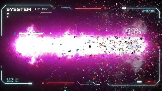 cyberpunk red energy bar charging forward in pulses, glitching frames, pixelated noise bursts, distorted digital edges, isolated black backdrop, futuristic system upload screen