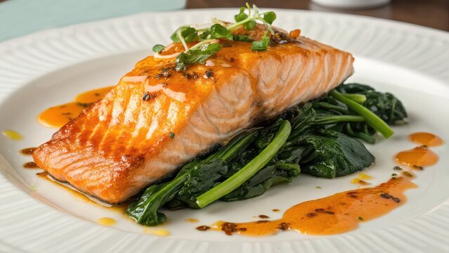 Grilled salmon fillet served over saut&eacute;ed spinach with sauce, heart-healthy protein dish, omega-3 rich clean eating meal, gourmet dinner plate, natural food presentation