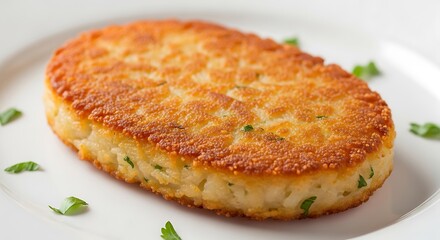 Golden brown fried potato patty with parsley garnish sits on a white plate.