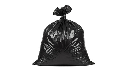 Black plastic garbage bag isolated PNG, full trash sack for waste disposal and environmental cleanup on transparent background
