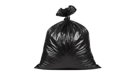 Black plastic garbage bag isolated PNG, full trash sack for waste disposal and environmental cleanup on transparent background