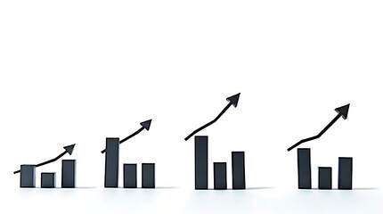 A series of black bar graphs with rising arrows on a white background, symbolizing growth, success, and financial progress.
