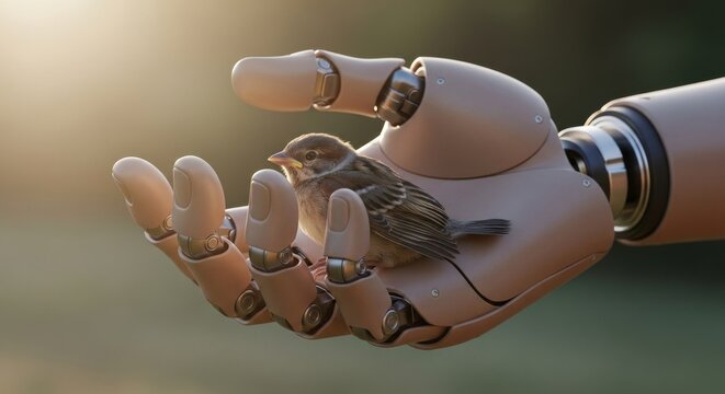 A robotic hand gently cradles a small bird, symbolizing technology and nature's interaction.