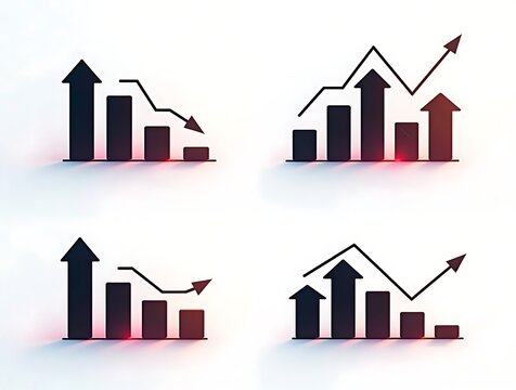 Set of four infographic bar charts illustrating financial growth and decline with trend line arrows.