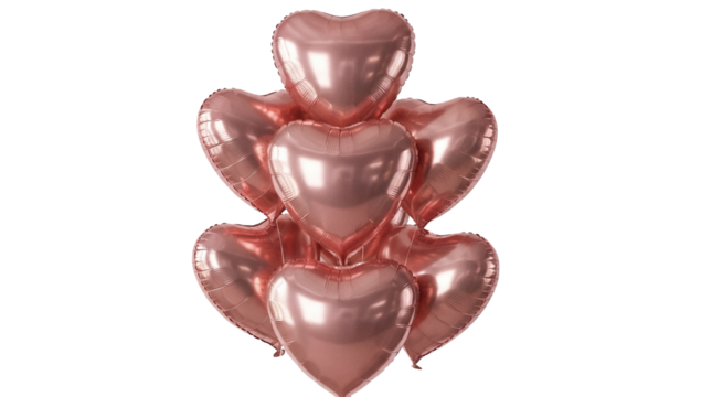 Rose gold heart balloons isolated PNG on transparent background, romantic love symbol for Valentine s Day and wedding decoration