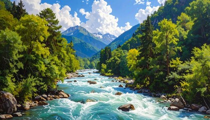 A vibrant painting showcasing a rushing river meandering through a lush valley. Towering mountains, forests, and fluffy clouds