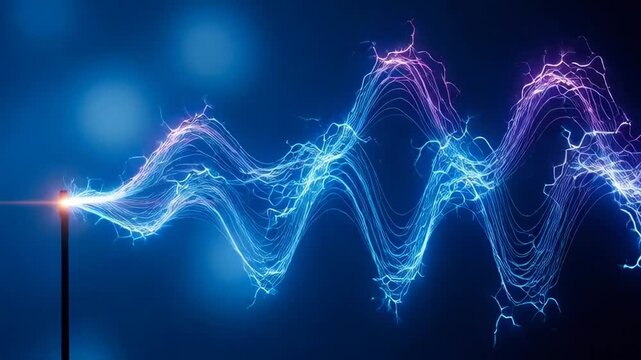 Dynamic electrical discharge crackling with vibrant energy across a blue gradient background, showcasing power and innovation, perfect for science, technology, or energy projects