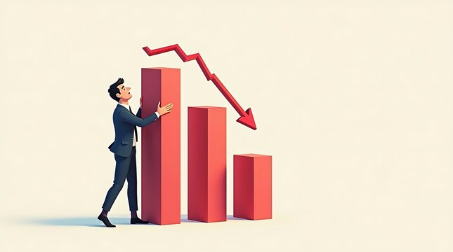 Businessman trying to stop a falling red bar chart with a downward arrow, a concept for economic recession or financial crisis.