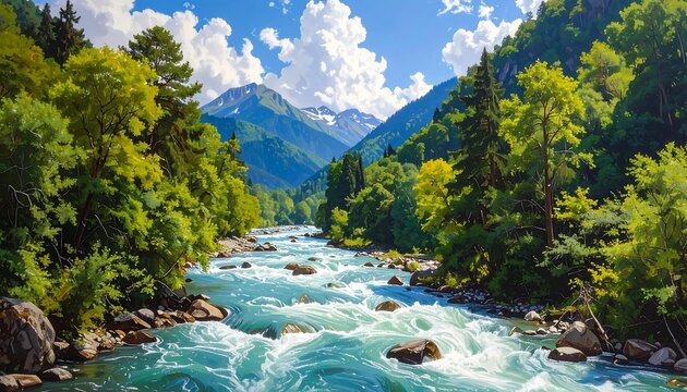 A vibrant painting showcasing a rushing river meandering through a lush valley. Towering mountains, forests, and fluffy clouds - Powered by Adobe