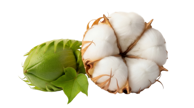 Cotton plant PNG isolated on transparent background, raw cotton boll and green bud with leaf for agriculture and textile industry - Powered by Adobe