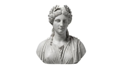 Marble bust of a woman with laurel wreath isolated PNG, ancient sculpture on transparent background, classical art