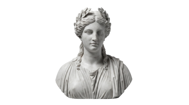 Marble bust of a woman with laurel wreath isolated PNG, ancient sculpture on transparent background, classical art