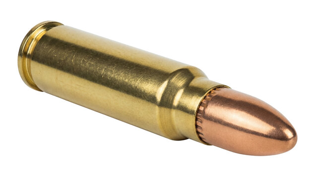 Brass bullet isolated PNG on transparent background, ammunition for firearms and shooting sports, cartridge with copper jacketed projectile