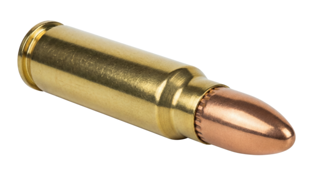 Brass bullet isolated PNG on transparent background, ammunition for firearms and shooting sports, cartridge with copper jacketed projectile